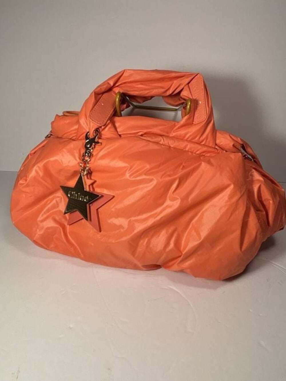 See By Chloe Orange Puffer Nylon Joy Rider Duffle Handbag